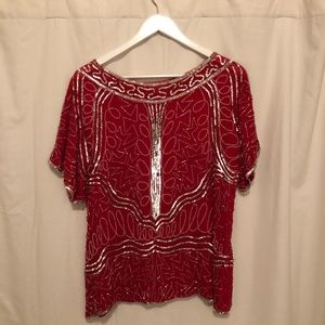 Red and Silver Sequined Silk Top